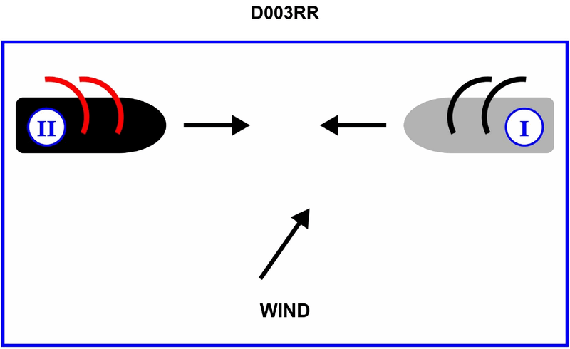 582. BOTH INTERNATIONAL & INLAND Two sailing vessels are approaching each other as shown in illustration D003RR below. Which statement is correct?