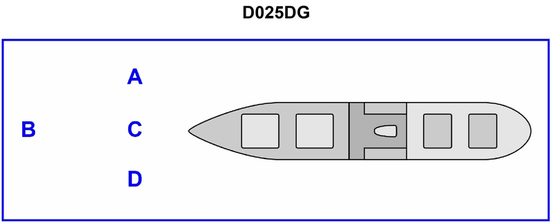 5348. The vessel shown in illustration D025DG has broken down and you are going to take her in tow. The wind is on her starboard beam. Both vessels are making the same amount of leeway. Where should you position your vessel when you start running lines?