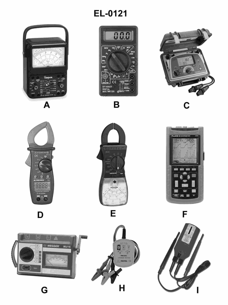 359. Which of the illustrated electrical meters is a general purpose volt-ohm-milliammeter and features an analog display