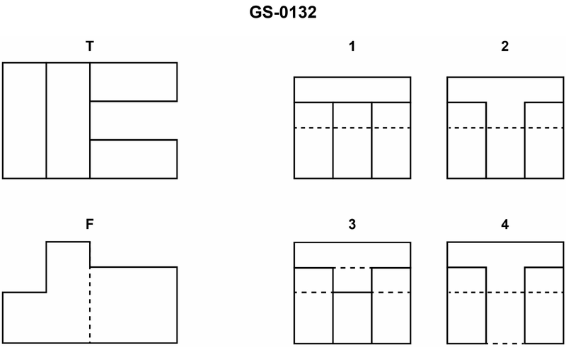 1345. The illustrated drawing shows a correct front "F" and top "T" view of an object. Of the views labeled "1","2","3", and "4", the one that correctly represents the right side view for a third angle projection is_______