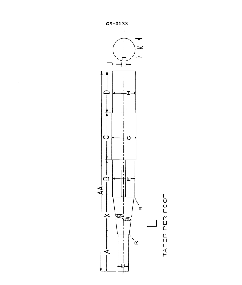 13. The illustrated shaft has an overall length of 42 inches. If the diameter of "E" = 4.750" and "F" = 6", with an indicated radius of "R" = .125" and the taper per foot, "L" = 1.5"; then the tapered length "X" is __________