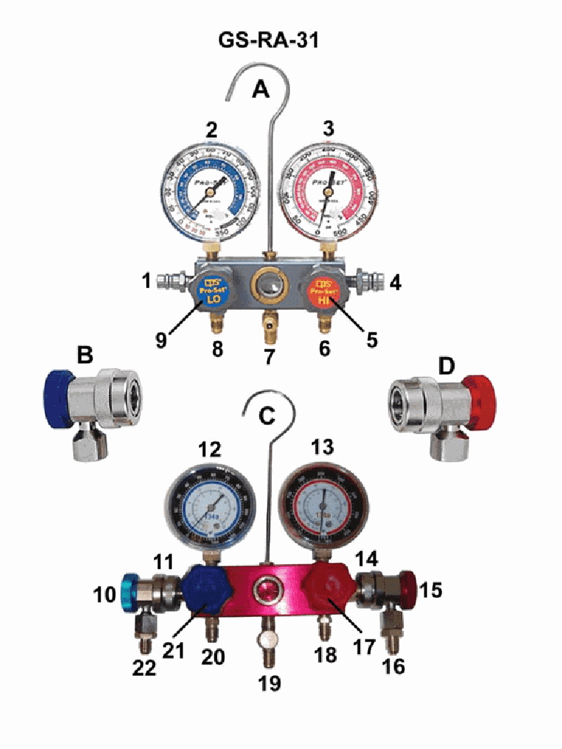 4166. Items "B" and "D" are shown installed on the service gauge manifold set shown in figure "C", but are not present on the service gauge manifold set in figure "A" even though it is equipped to receive them. What are the devices "B" and "D"