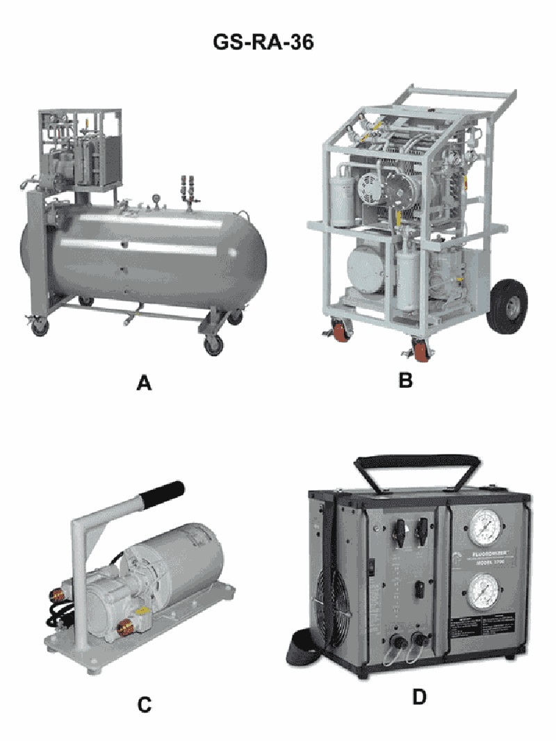 4248. Which of the illustrated devices would be suitable for recovering refrigerant from a large chiller without processing it or testing in any way and which has integral refrigerant storage capacity