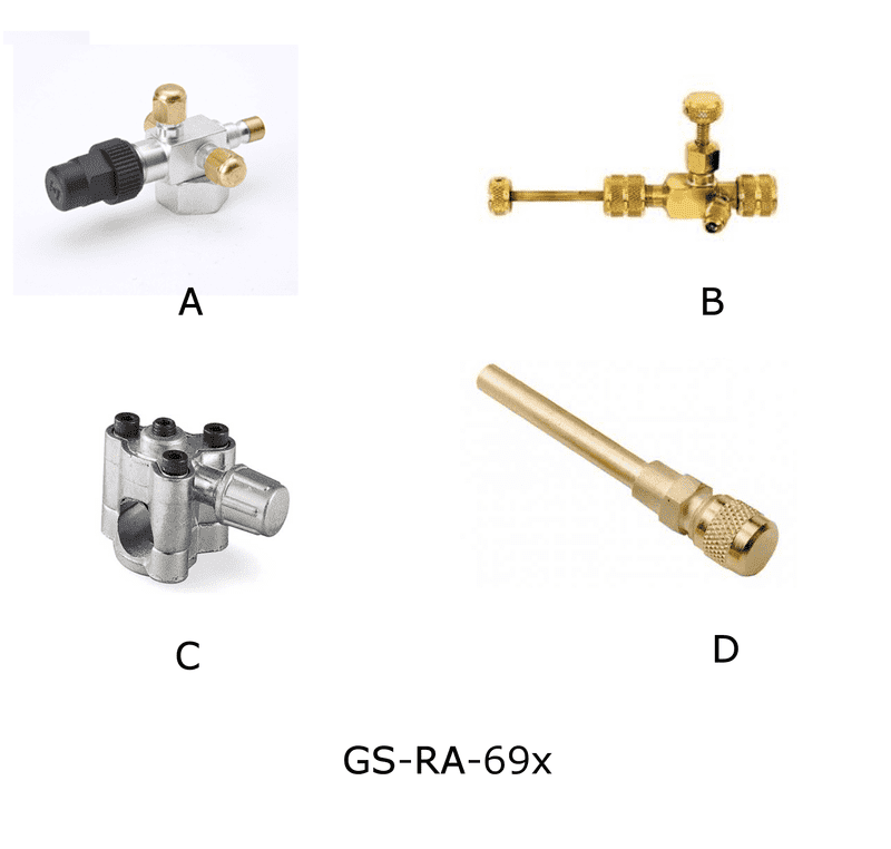 1245. Which of the illustrated valves is used to gain access to a hermetic system and features a Schrader core valve which is unseated by the core depressor of hose fitting when attached
